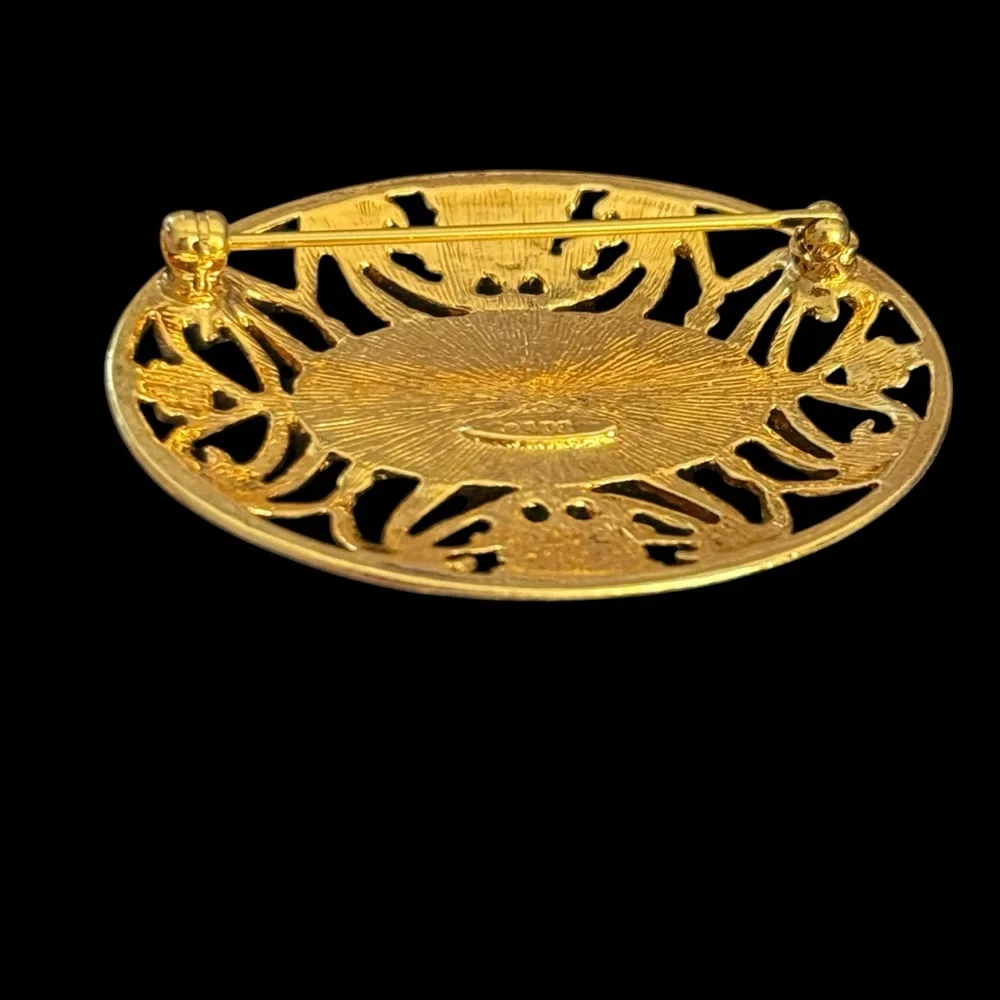 Vintage Avon Gold Tone Filigree Brooch with Porcelain‎ Rose Center